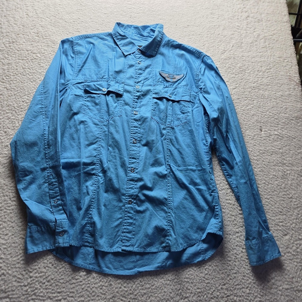 Armani Exchange Shirt Mens XL Blue Long Sleeve 100% Cotton Wing Patch Button-Up
